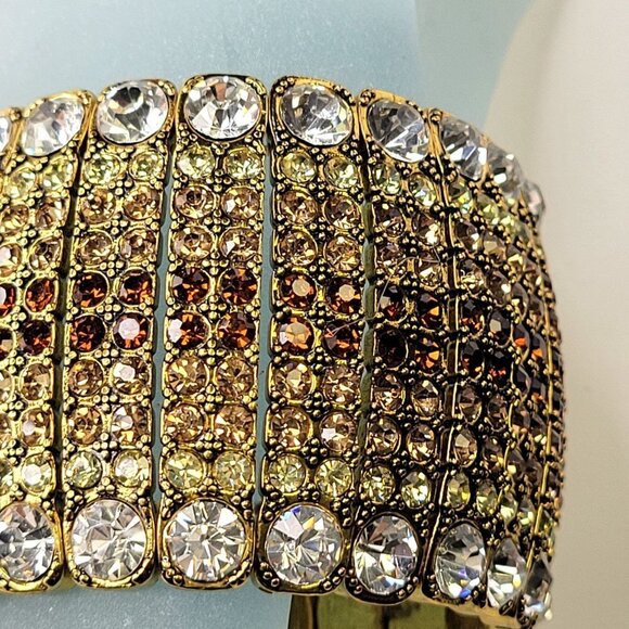 Shimmering Clear Rhinestone Sparkly Gold Tone Formal Thick Bracelet - Picture 10 of 13